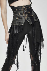 Black Vintage Leather Patchwork Distressed Belted Irregularly Lace Hem Women's Punk Half Skirt